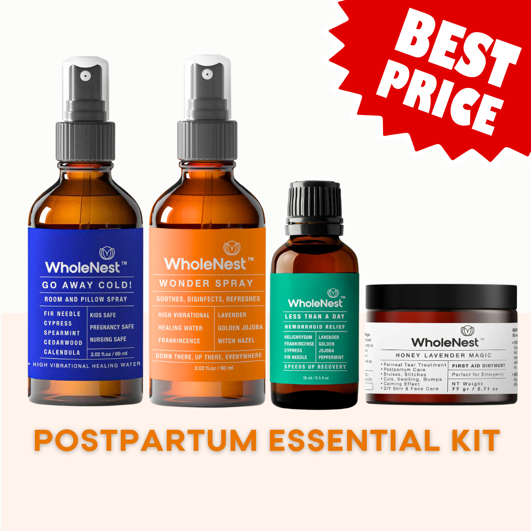 WholeNest Postpartum Essential Kit: natural, multipurpose wellness set with Wonder Spray, Honey Lavender Magic First Aid Ointment, Less Than A Day Hemorrhoids Relief, and Go Away Cold! Room & Pillow Spray for postpartum recovery.