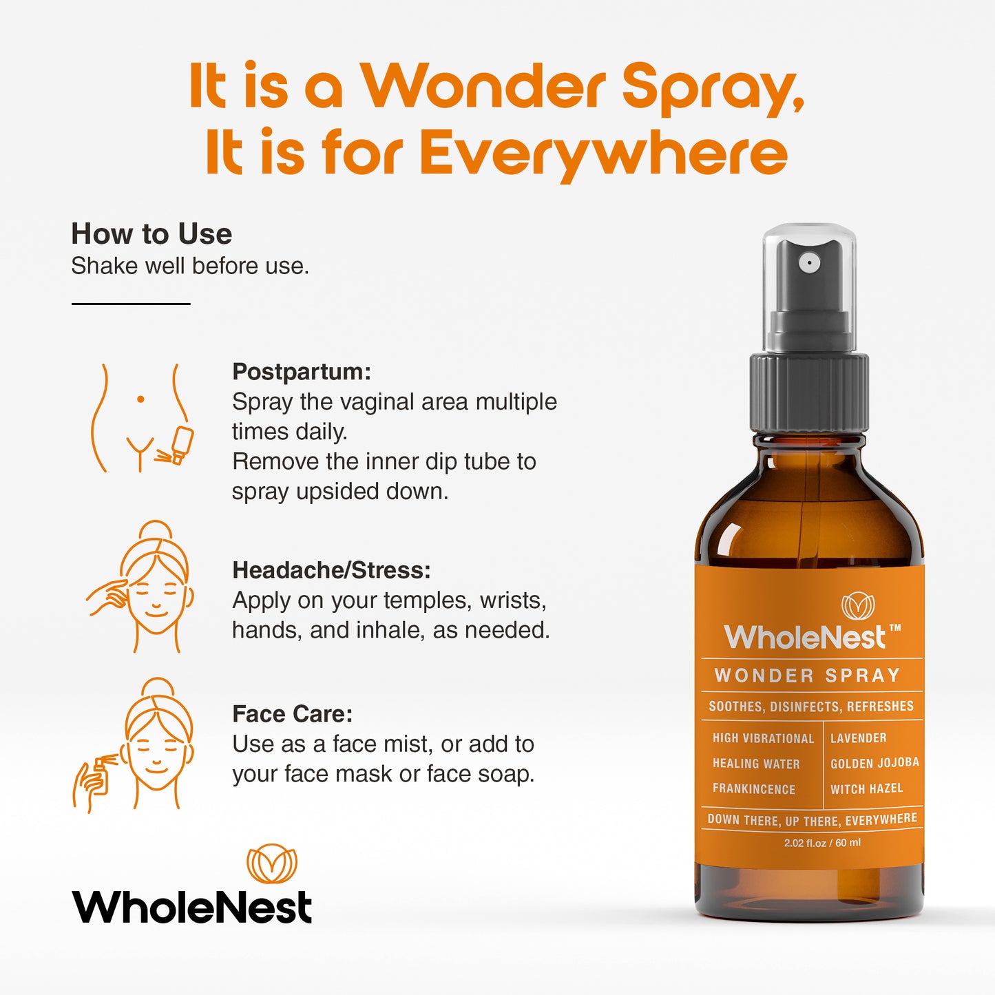 Wonder Spray is unique, powerful, and extremely healing for postpartum care - speeds up healing, reduces itch, swelling, and pain, soothes sore muscles, and gives good hygiene to the perineal area. 