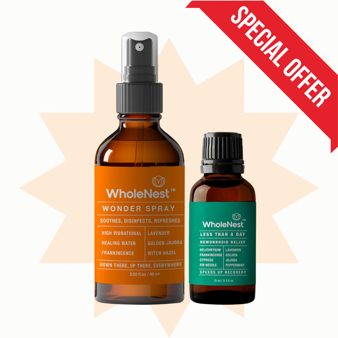 WholeNest Wonder Spray + Less Than a Day Relief: gentle postpartum hemorrhoid relief duo for cooling, soothing, and faster recovery.