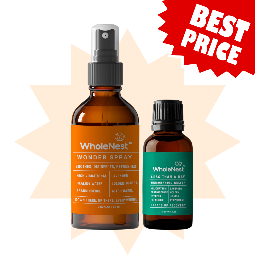 WholeNest Wonder Spray + Less Than a Day Relief: gentle postpartum hemorrhoid relief duo for cooling, soothing, and faster recovery.