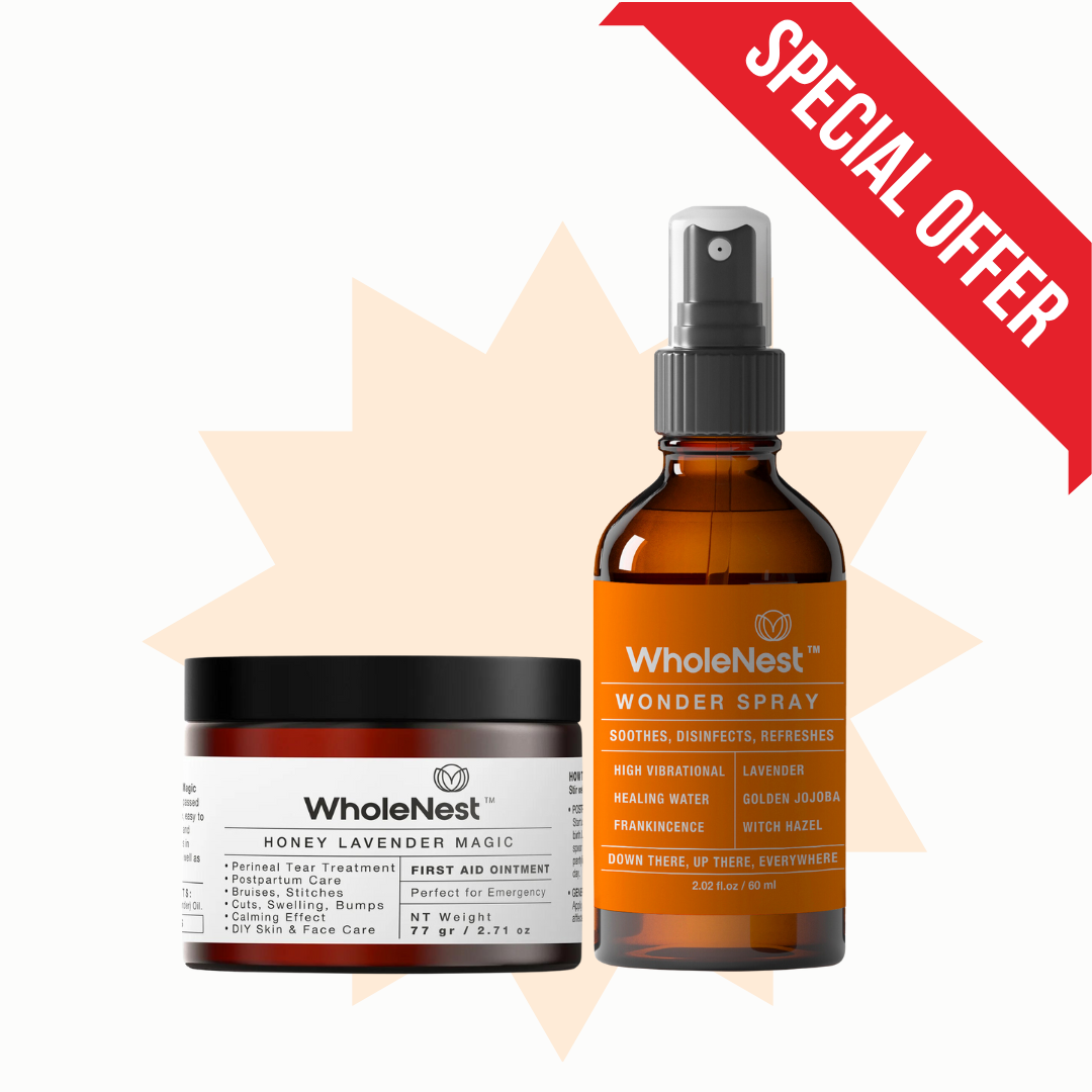WholeNest Wonder Spray + Honey Lavender Magic: gentle postpartum essentials for soothing, healing, and relaxation.
