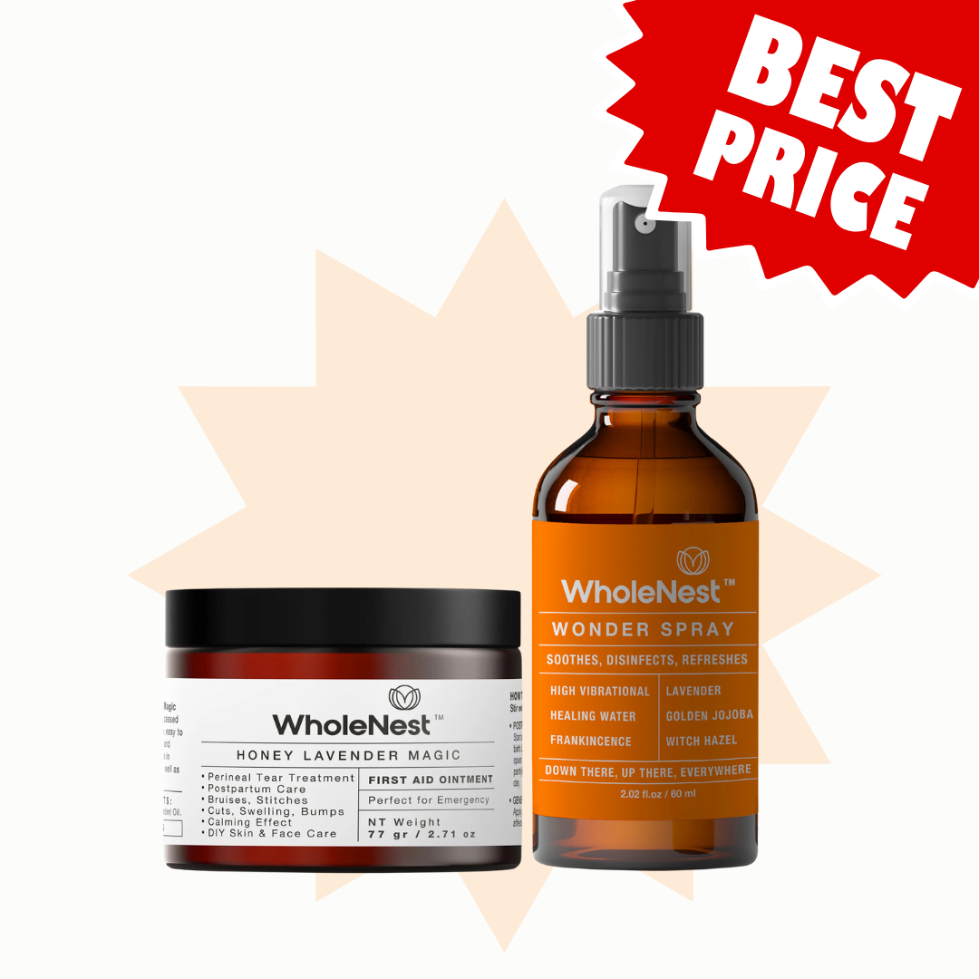 WholeNest Postpartum Kit with Wonder Spray and Honey Lavender Magic—doula-trusted, multipurpose care for labor, perineal relief, stress, and skincare.