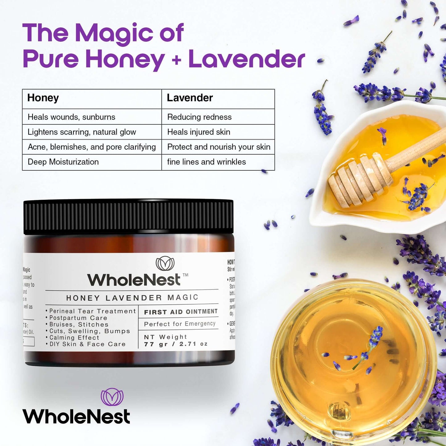 Honey Lavender Magic This organic balm helps relieve perineal tears and postpartum pain, reduces swelling and pressure-like sensations and speeds up healing time. It is perfect for emergency use for bruises, stitches, cuts, swellings, and bumps, and even for DIY skin & face care. 